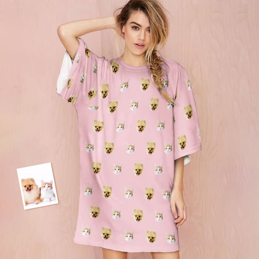 Personalised pet photo nightdress with a large custom pet-face print on soft, cosy fabric — personalised face sleep shirt for pet lovers and unique gifts