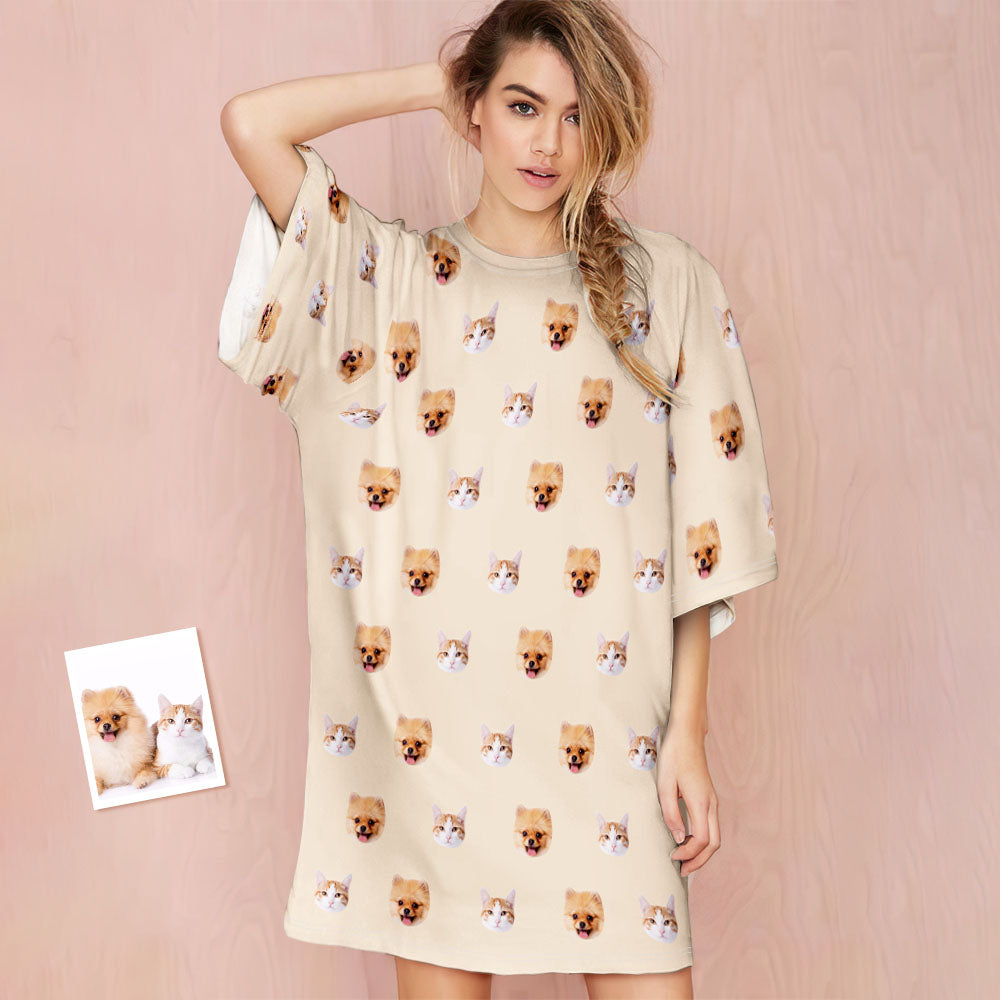 Close-up of personalised pet portrait nightdress showing detailed printed pet face and soft fabric texture — made-to-order customised sleep shirt for dog and cat owners
