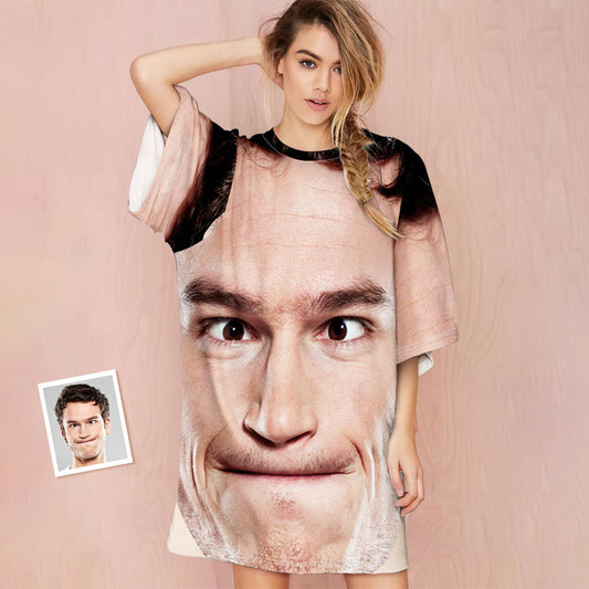 Personalised face photo nightdress – full-front custom face print on smooth, skin-friendly 100% polyester one-size relaxed nightie, ideal funny personalised photo gift