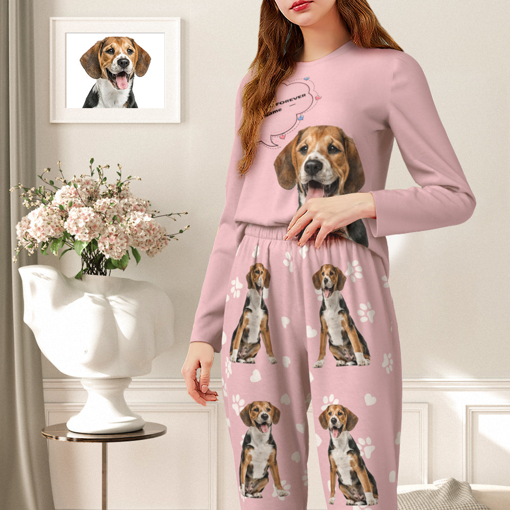 Personalised Pet Photo & Name Pyjamas – lifestyle shot of women wearing cosy round-neck pyjama set with personalised pet photo and name