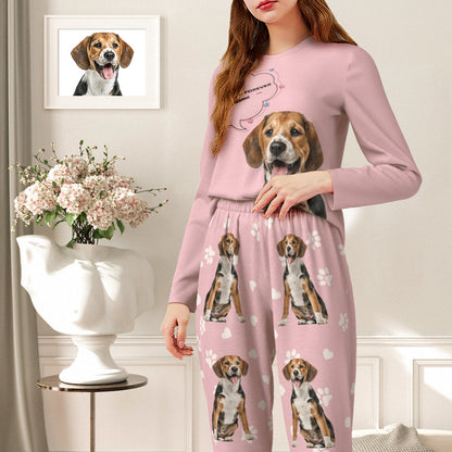 Personalised Pet Photo & Name Pyjamas – lifestyle shot of women wearing cosy round-neck pyjama set with personalised pet photo and name