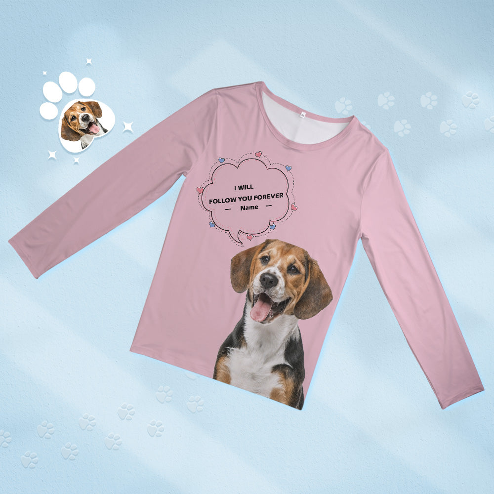 Personalised Pet Photo & Name Pyjamas – cosy at-home lifestyle image of women's round-neck pyjama set with custom pet photo and name, great gift idea