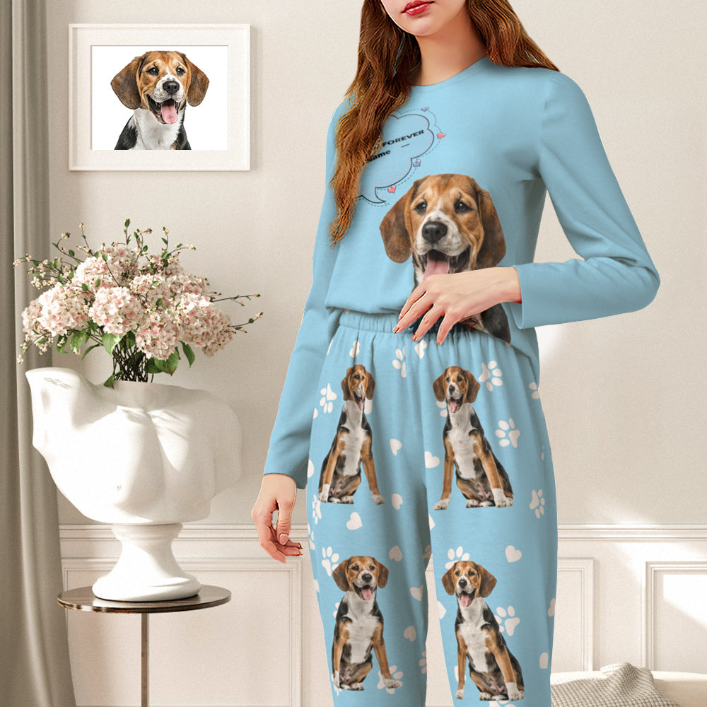Personalised Pet Photo & Name Pyjamas – detailed close-up of pet photo cutout and name print on round-neck pyjama top, premium finish