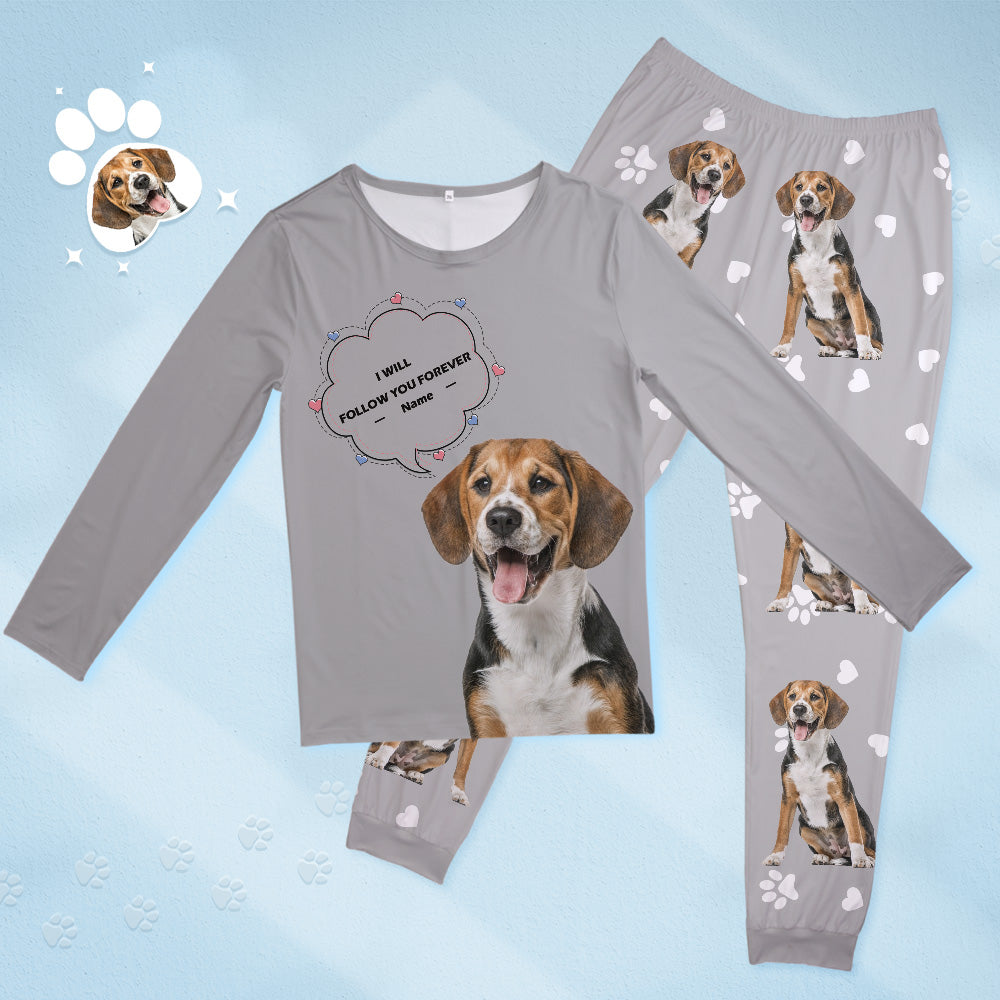 Personalised Pet Photo & Name Pyjamas – multi-angle collage showing top, bottoms and close-up print detail of personalised pet photo and name