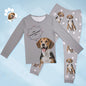 Personalised Pet Photo & Name Pyjamas – multi-angle collage showing top, bottoms and close-up print detail of personalised pet photo and name
