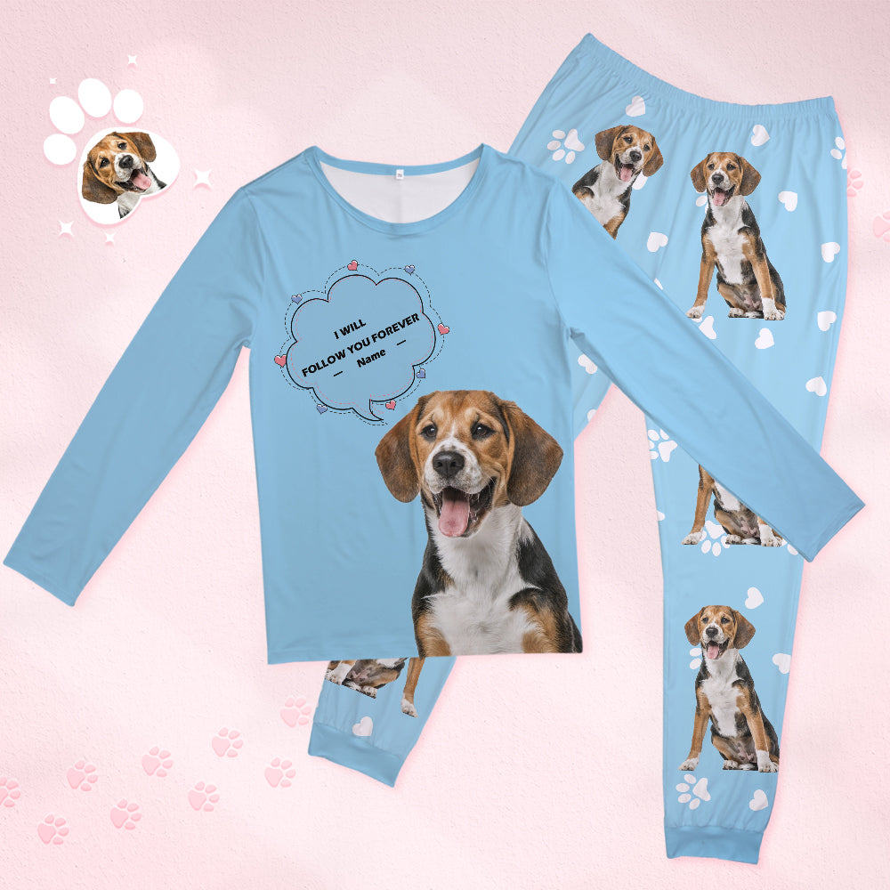 Personalised Pet Photo & Name Pyjamas – front view of women's round-neck pyjama set with printed pet face and custom name, ideal personalised gift