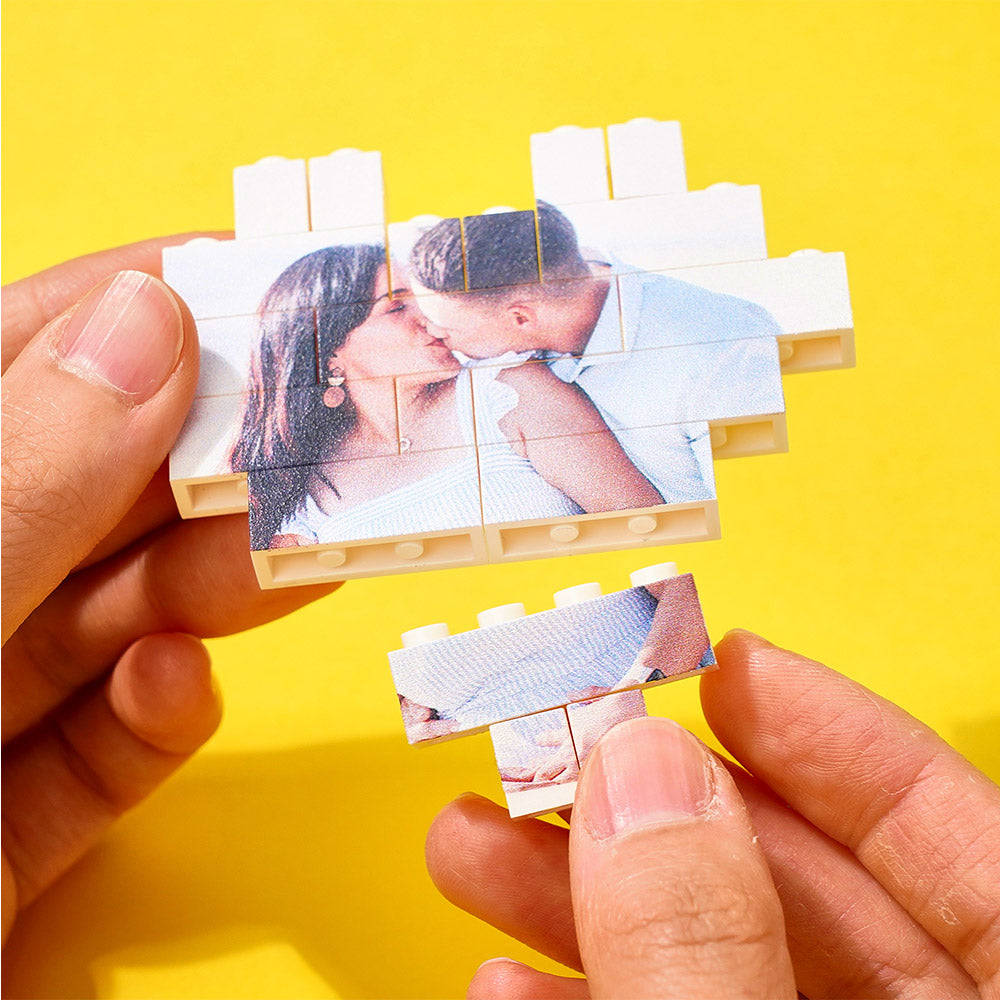 Top-down view of heart-shaped photo block puzzle displaying a bright, high-contrast personalised photo and custom name option