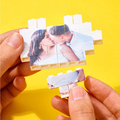 Top-down view of heart-shaped photo block puzzle displaying a bright, high-contrast personalised photo and custom name option