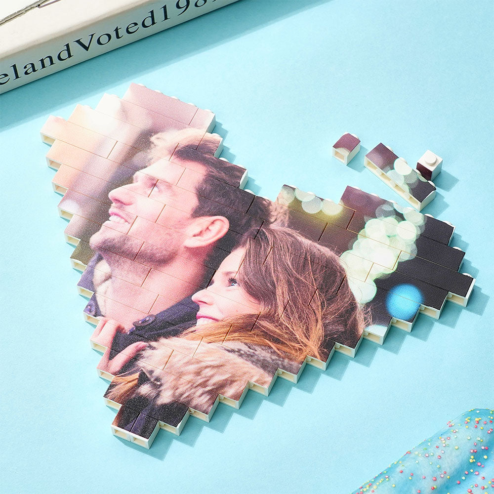 Double-sided personalised heart-shaped photo block example showing different images printed on each face for versatile display