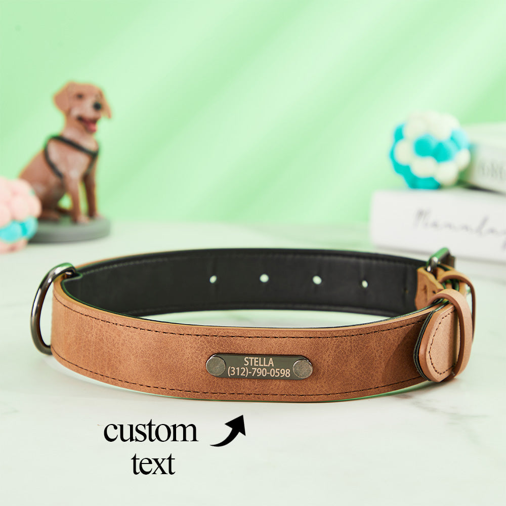 Dark brown personalised dog collar with brass buckle and engraved name — classic custom engraved leather dog collar, comfortable for everyday wear