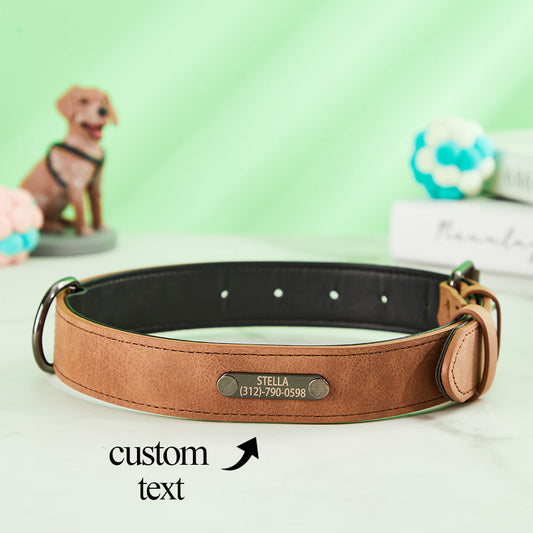 Dark brown personalised dog collar with brass buckle and engraved name — classic custom engraved leather dog collar, comfortable for everyday wear