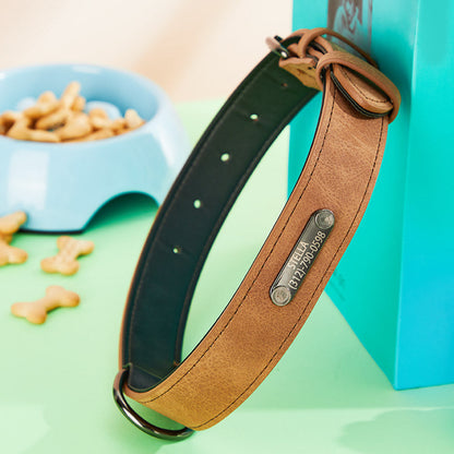 Custom engraved leather dog collar in tan showing personalised name and phone number — soft, durable and stylish personalised dog collar
