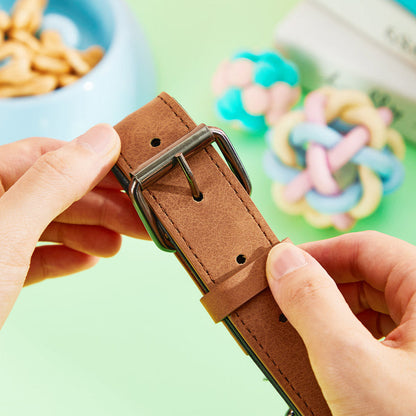 Close-up of neat engraving and stitched edge on a personalised pet collar — engraved leather dog collar with clear lettering for quick identification