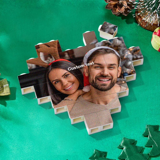 Personalised heart-shaped brick puzzle with custom photo printed on PVC interlocking blocks — custom photo building block gift