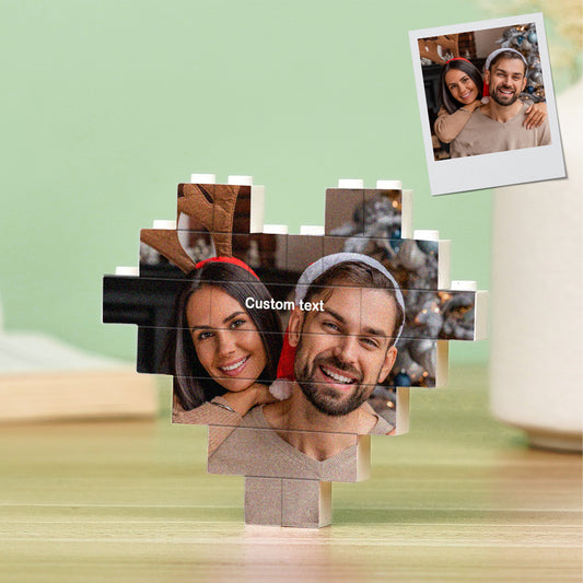 Personalised heart-shaped brick puzzle with custom photo printed on PVC interlocking blocks — custom photo building block gift