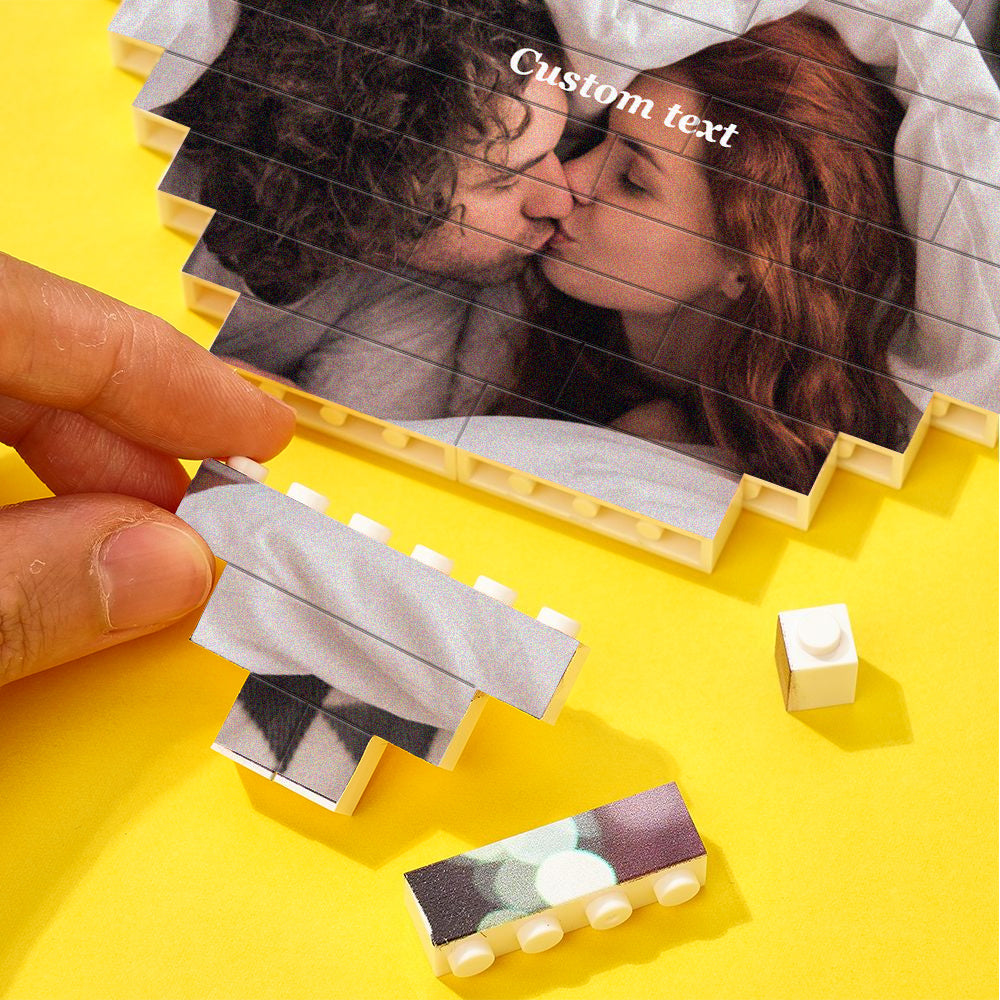 Personalisation options close-up showing custom text and photo upload for bespoke heart-shaped photo building block