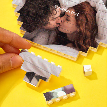 Personalisation options close-up showing custom text and photo upload for bespoke heart-shaped photo building block