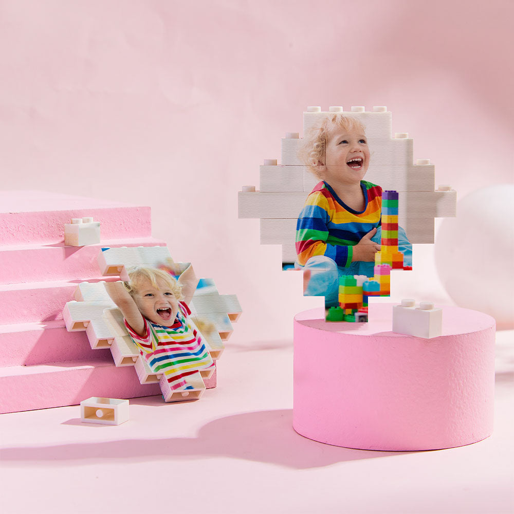 Set of personalised photo lozenge building bricks laid out as a colourful custom photo playset for kids