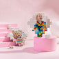 Set of personalised photo lozenge building bricks laid out as a colourful custom photo playset for kids