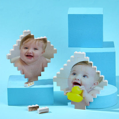 Side view of custom lozenge photo bricks highlighting easy-stacking design — educational toy for boys and girls