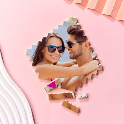 Close-up of a lozenge-shaped personalised photo brick showing a clear printed family photo — personalised gift for children