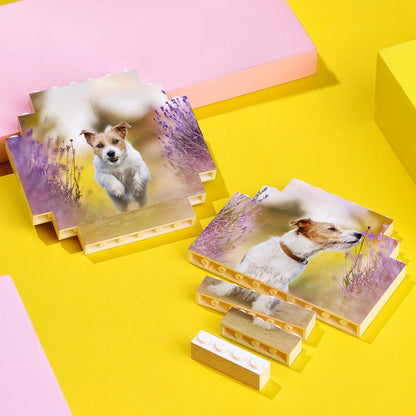 Child building with personalised octagon bricks featuring grandparents' photos – custom photo building blocks that encourage imaginative family play