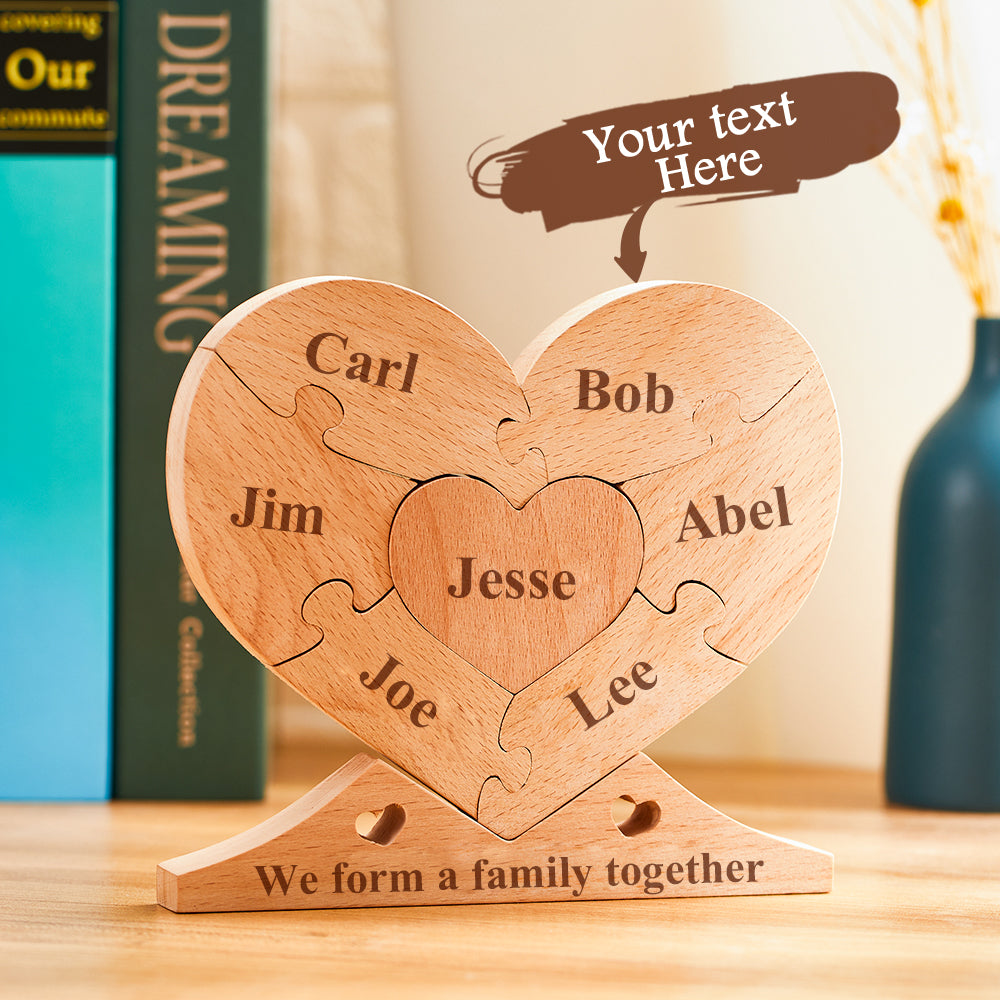 Engraved wooden name heart puzzle presented as a gift on a rustic table — ideal personalised housewarming or Valentine's Day keepsake