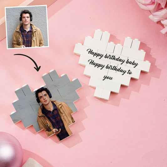 Personalised Photo Brick Heart displaying a custom photo across interlocking building blocks — personalised photo block gift, UV printed and freestanding