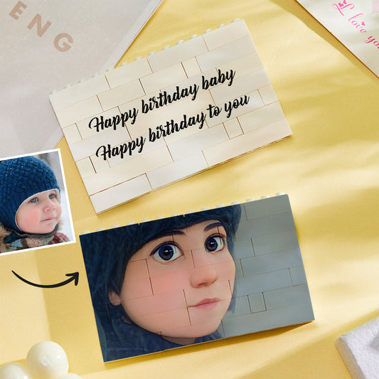 Front-facing personalised cartoon avatar on custom building block puzzle — unique keepsake gift