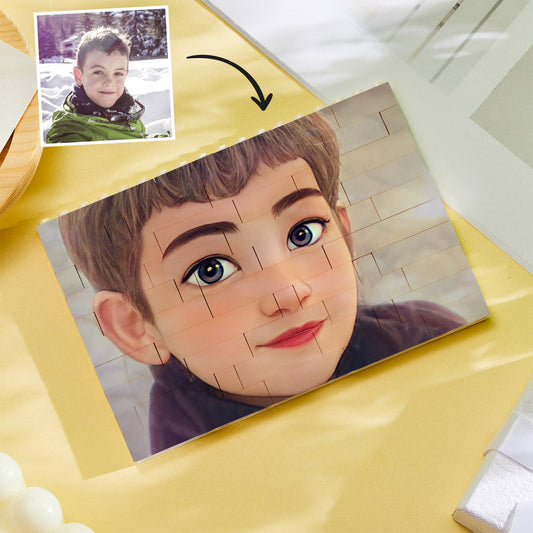 Front-facing personalised cartoon avatar on custom building block puzzle — unique keepsake gift