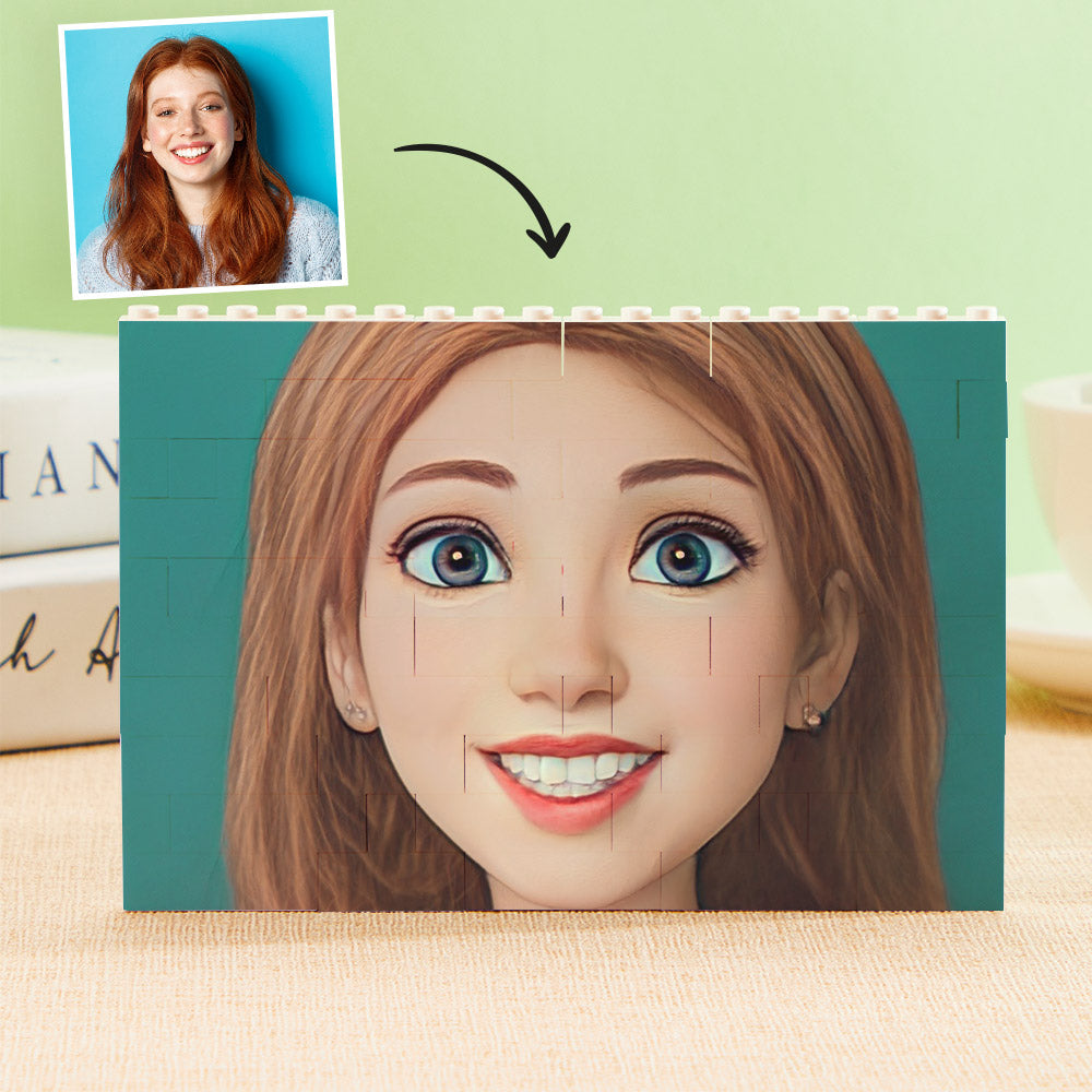 Personalised cartoon avatar printed on horizontal brick puzzle — custom building block gift for kids and adults