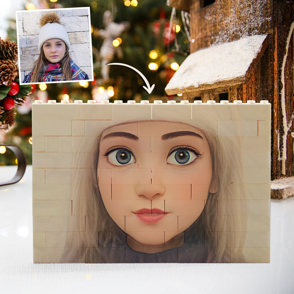 Packaging view of personalised cartoon avatar brick puzzle — ready as a personalised Christmas gift