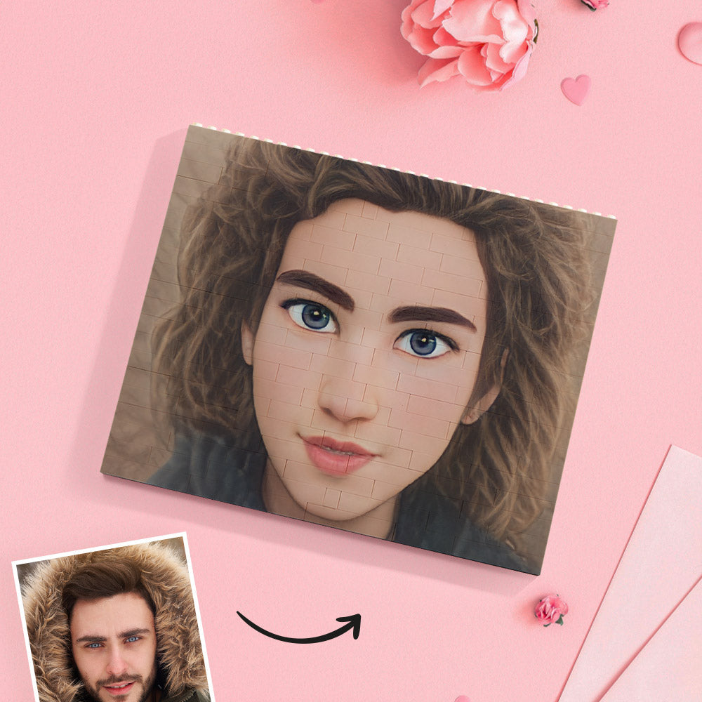 Close-up of personalised avatar on custom building block puzzle — horizontal brick toy, educational gift