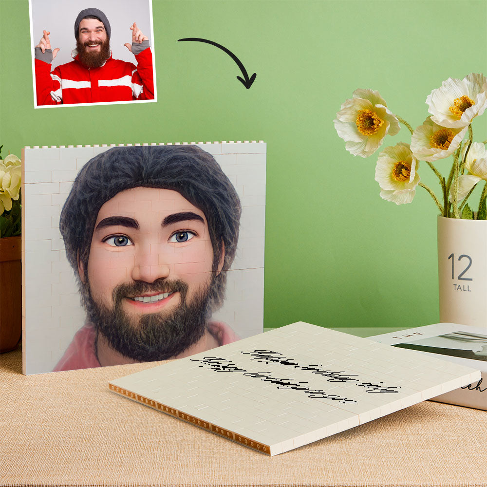 Assembled horizontal brick puzzle showing personalised cartoon avatar — unique personalised Christmas present
