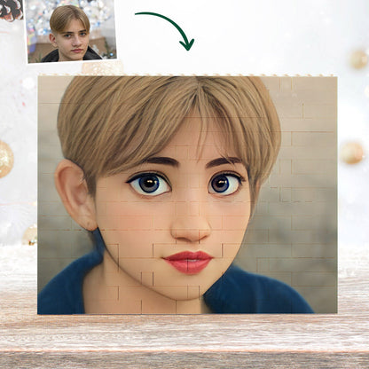 Premium finish close-up on personalised cartoon avatar brick puzzle — inspected for quality before dispatch