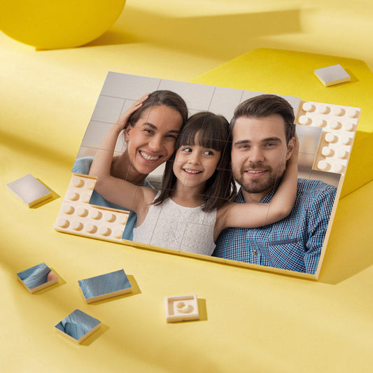 Personalised Photo Brick Puzzle assembled on display — custom building block gift for Dad with vibrant UV print and wipe-clean finish