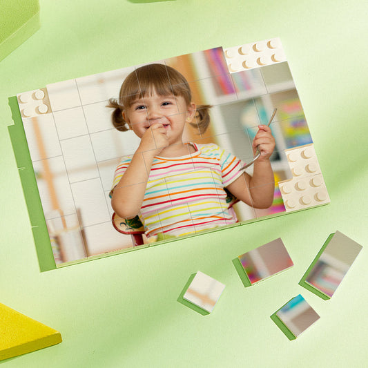 Personalised Photo Brick Puzzle assembled on display — custom building block gift for Dad with vibrant UV print and wipe-clean finish