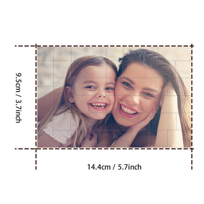 Three size options of the Personalised Photo Brick Puzzle (14×9cm, 16×16cm, 17.5×12.8cm) displayed to show custom building block gift choices