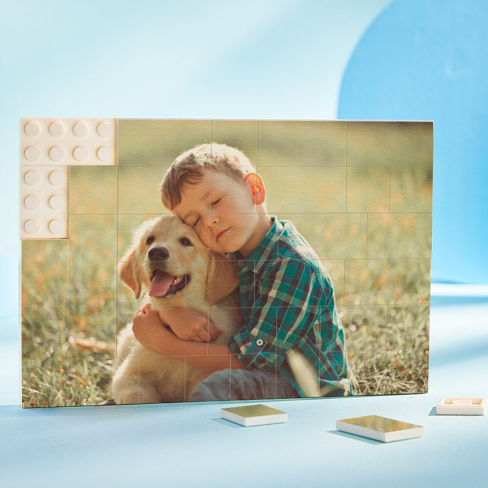 Close-up of interlocking bricks on a Personalised Photo Brick Puzzle showing detailed UV print and durable, wipeable surface — perfect custom keepsake