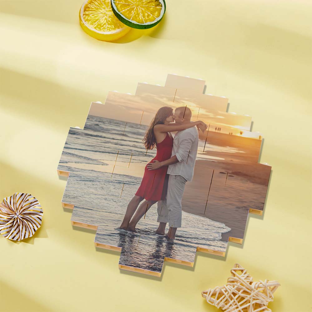 Disassembled personalised photo bricks laid out to show modular interlocking design — fun DIY photo brick puzzle for all ages