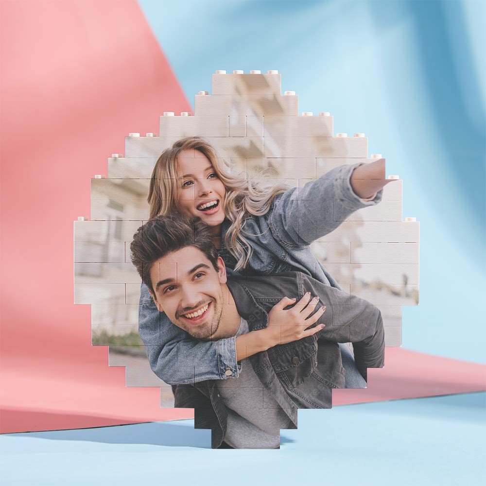 Stacked personalised photo brick puzzle pieces showing edge finish and round-shape option — custom music code building block detail