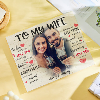 Interactive interlocking personalised bricks arranged on a shelf showing custom photo and message – perfect anniversary or housewarming gift