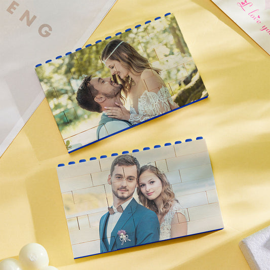 Custom Blue Building Block Photo Bricks displaying a personalised photo puzzle on blue interlocking bricks — perfect personalised gift for couples
