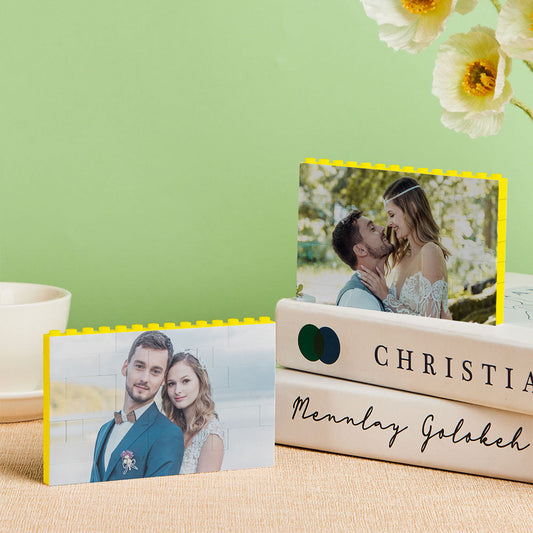 Custom Yellow Building Block Photo Puzzle assembled horizontally — personalised photo bricks with yellow accents and vibrant UV digital print, free-standing or wall-mountable personalised gift