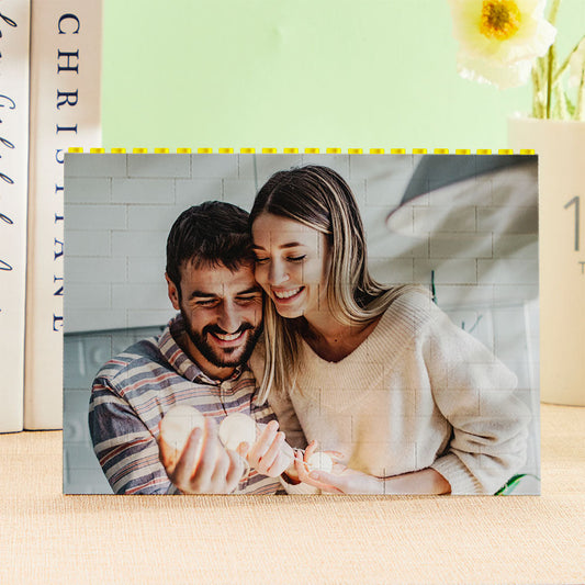 Custom Yellow Building Block Photo Puzzle assembled horizontally — personalised photo bricks with yellow accents and vibrant UV digital print, free-standing or wall-mountable personalised gift