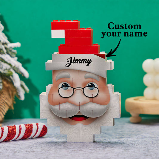 Personalised Santa Claus building blocks Christmas brick puzzle with custom photo and name, UV‑printed free‑standing keepsake
