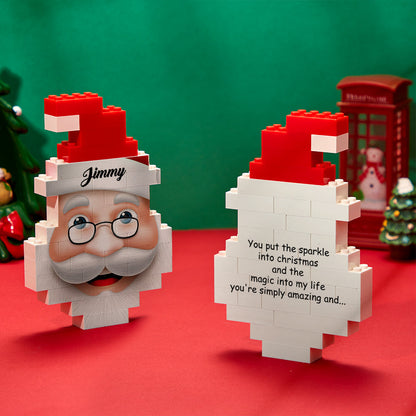 Side view of personalised Santa Claus building blocks showing free‑standing design and waterproof, moisture‑proof PVC material