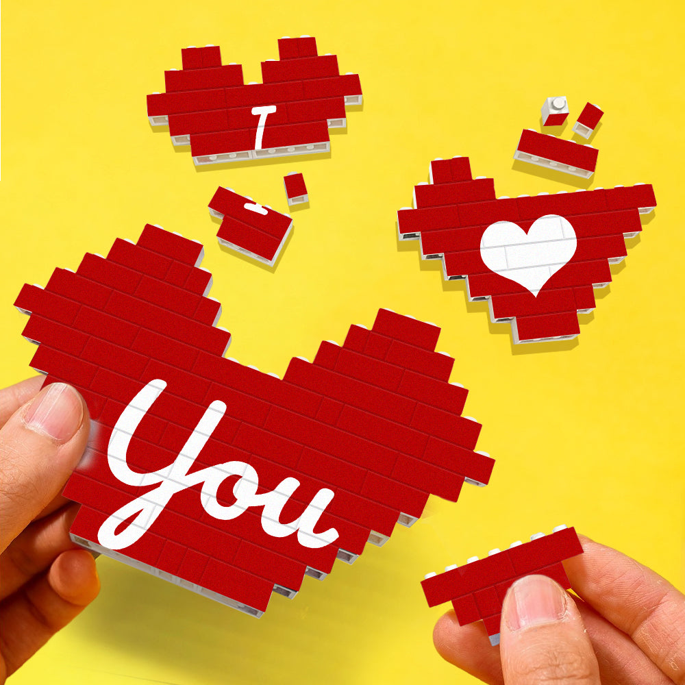 Free-standing display of personalised 3-piece heart-shaped photo blocks, UV digital print for vivid, fade-resistant colour