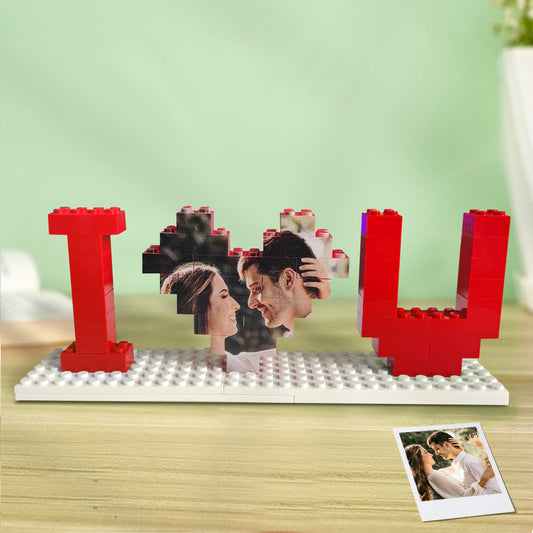 Assembled personalised 'I Love U' photo brick puzzle on base plate – custom PVC building-block photo gift with vivid UV-printed image