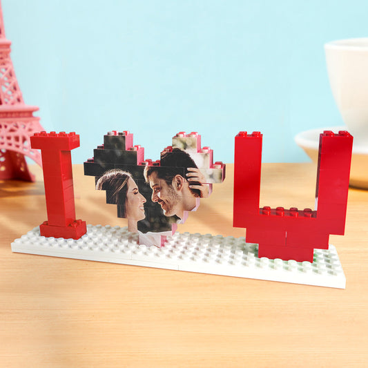 Assembled personalised 'I Love U' photo brick puzzle on base plate – custom PVC building-block photo gift with vivid UV-printed image